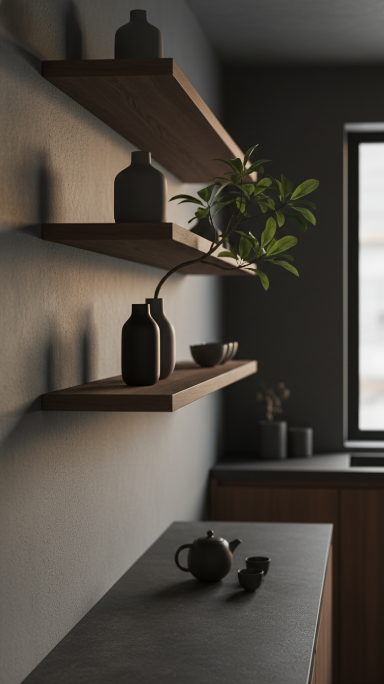 Dark floating shelves with minimalist ceramic vases and a green plant, showcasing biophilic design in a Japandi kitchen.