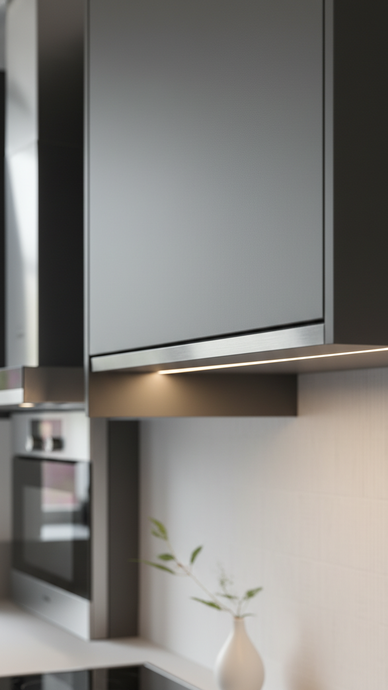 Modern Handleless Kitchen Design: 11 Ideas For Seamless Style 1 Dark gray handleless Gola profile kitchen with sleek aluminum channel, recessed grip, subtle lighting, and stainless steel appliances.