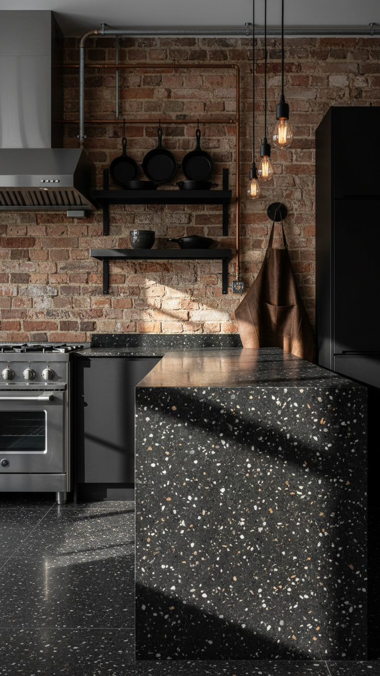Dark gray terrazzo in modern industrial kitchen with exposed brick, metal shelving, rugged fixtures, and dramatic side lighting.