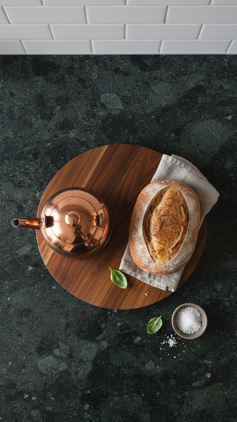 Dark green soapstone kitchen countertop with matte honed finish, showcasing natural veining and texture, minimal design.