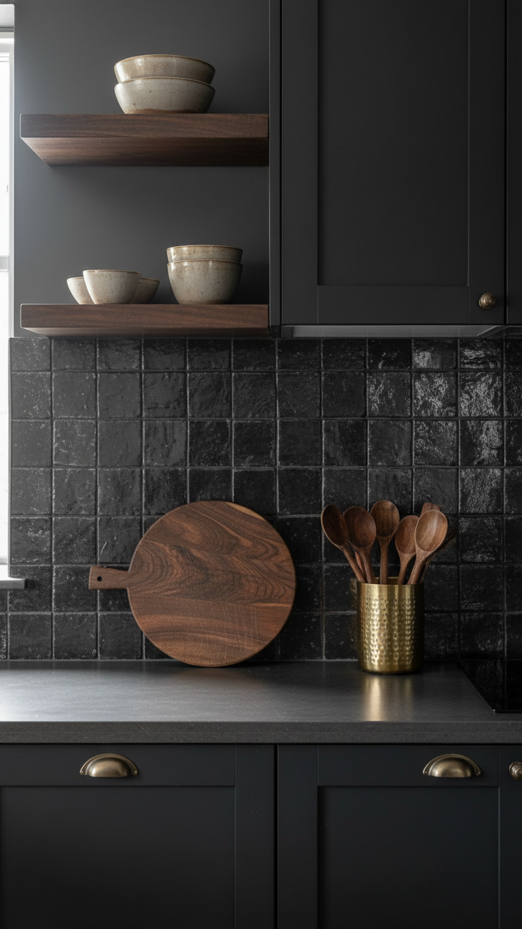 Boho Moody Kitchen: Ultimate Guide &Amp; Stunning Design Ideas 13 Dark grey zellige tile backsplash with high texture beneath open wood shelving and dark cabinetry in an elegant boho moody kitchen.