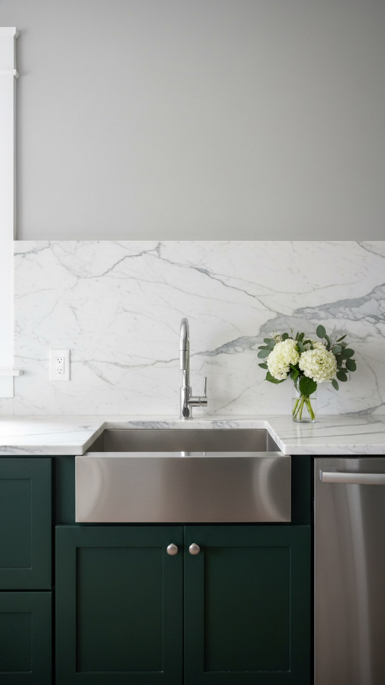Dark hunter green cabinets with bright white Calacatta marble countertop & backsplash. Modern kitchen, sharp contrast.