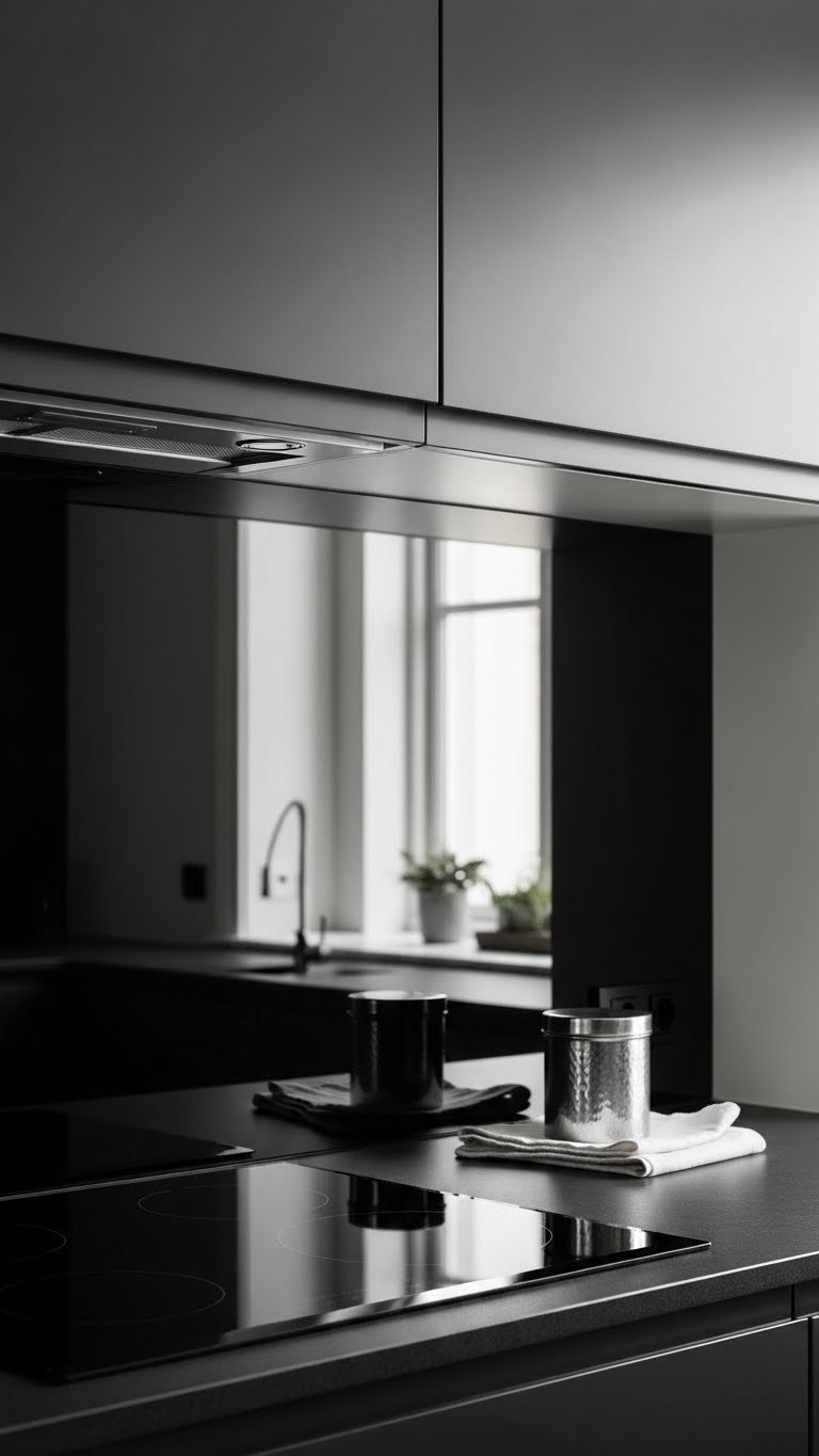 Dark kitchen featuring a glossy backsplash reflecting bright window light, with dark cabinetry, silver canister, and white linen.