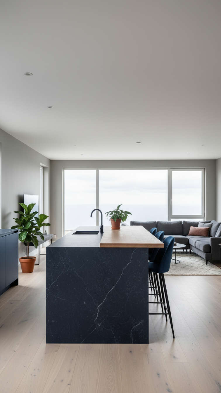 Dark kitchen island seamlessly integrated into an open-concept living space, featuring stylish dark stools and large windows.