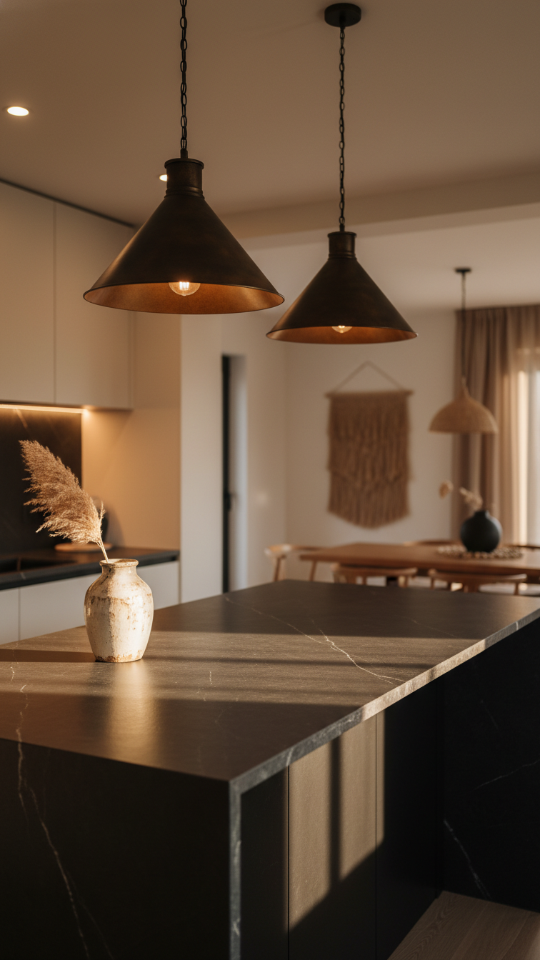 Dark kitchen island showcases moody lighting: under-cabinet LEDs, dramatic pendant lights, and soft recessed lighting at golden hour.