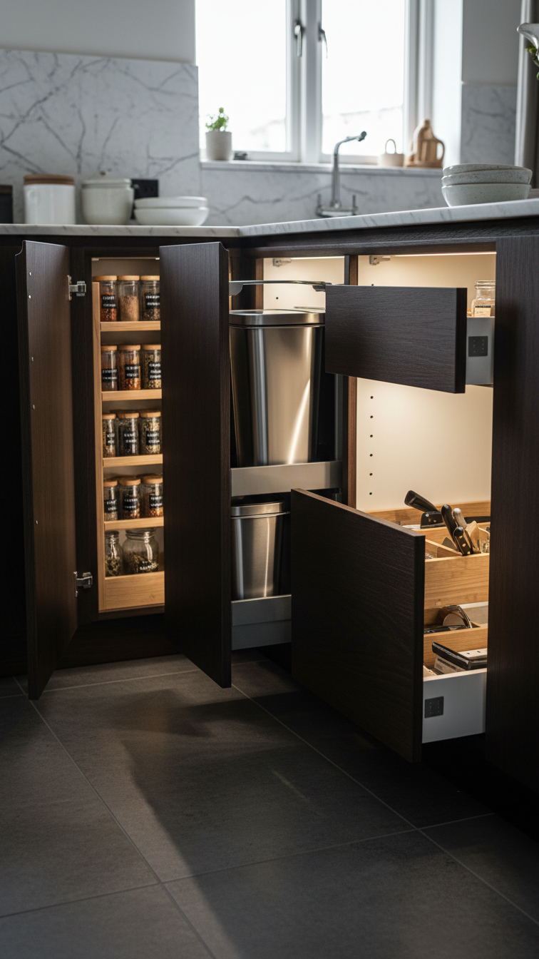 Dark kitchen island with open hidden drawers showcasing smart storage solutions and subtle LED lighting for organized living.