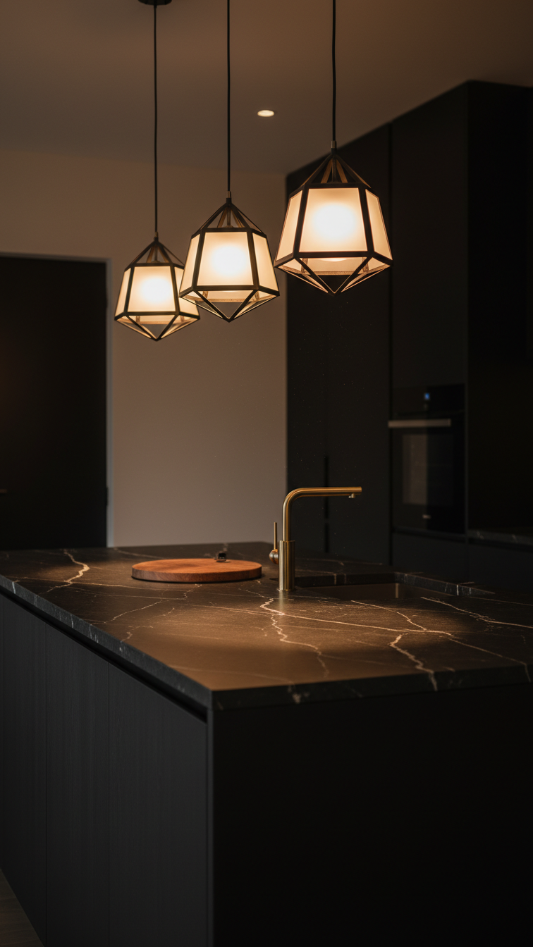 Dark kitchen island with three geometric pendant lights casting dramatic shadows on a stone counter, creating a moody, intimate kitchen ambiance.