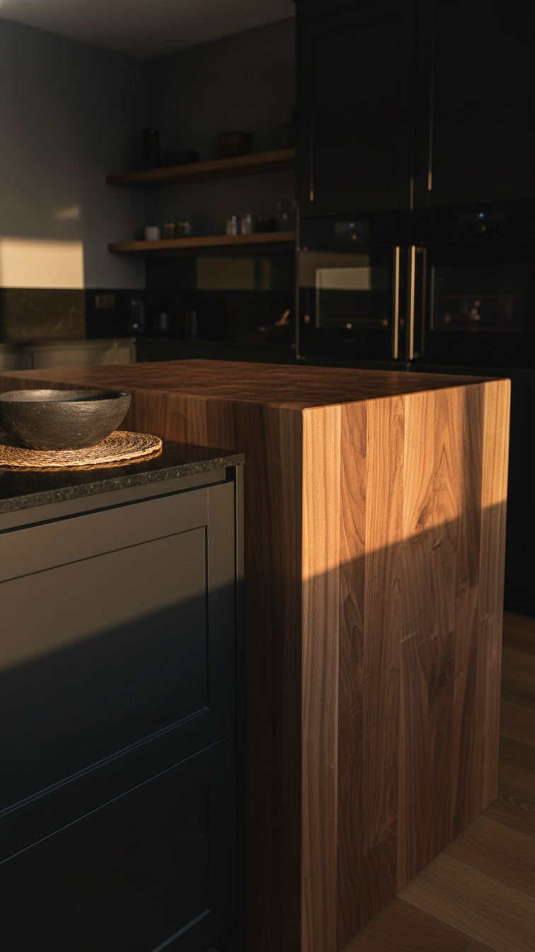 Dark kitchen with matte black cabinetry contrasting a warm butcher block island, dark stone counter, ceramic bowl.