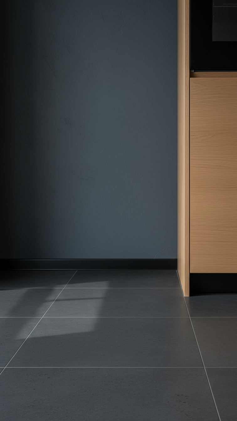 Dark large format tile floor transitioning to a textured dark wall, showing modern kitchen design and cabinet base.