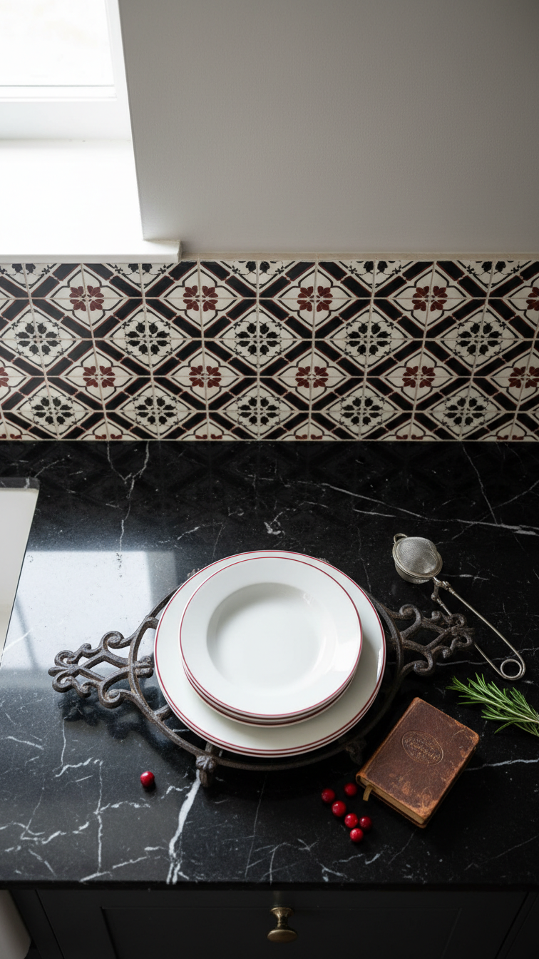 Dark marble countertops and geometric encaustic tile backsplash in a Victorian kitchen, black, white, deep red colors, antique decor.