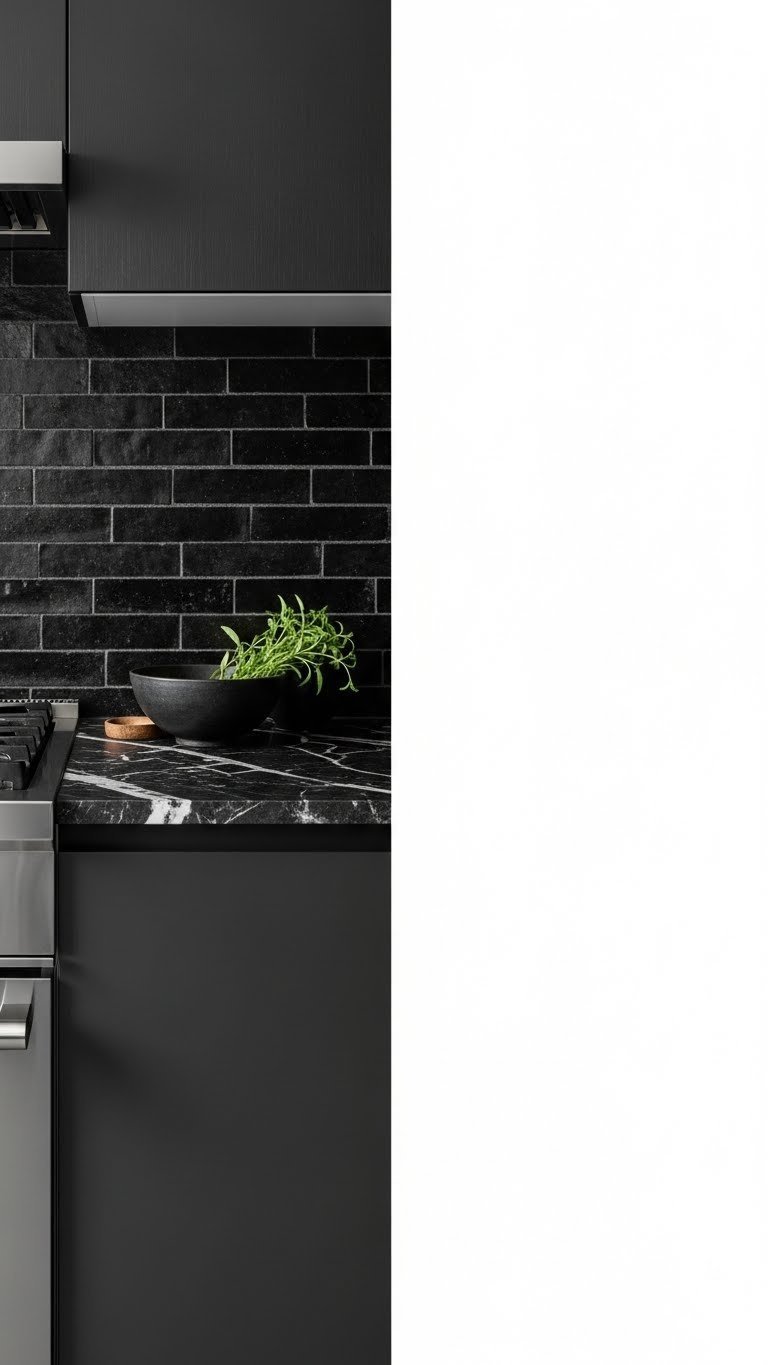 Dark marble kitchen countertop with subtle veining, textured backsplash, ceramic bowl, and fresh herbs. Modern kitchen design.