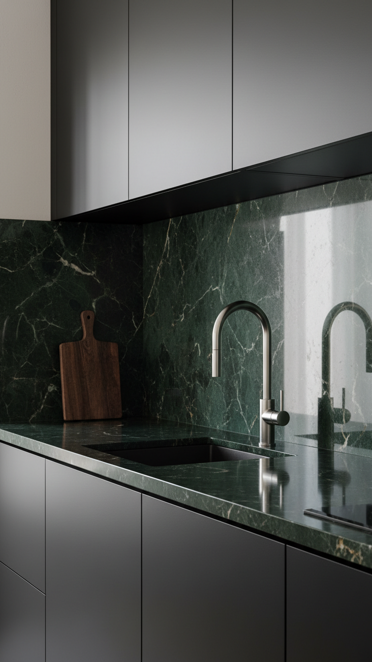 Dark marble slab backsplash with subtle white veining, extending to upper cabinets. Contrasting matte dark cabinetry, elegant kitchen.