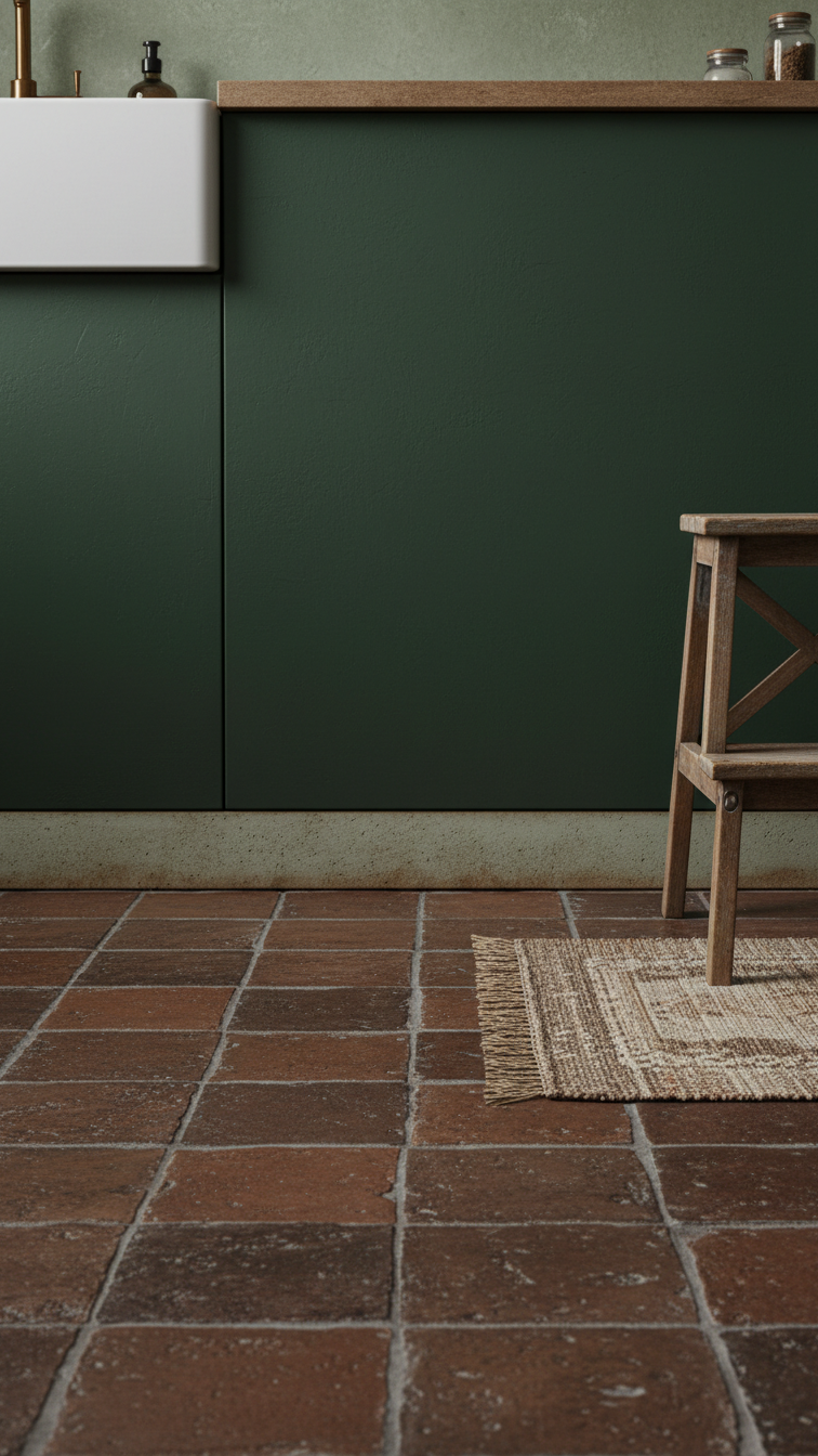 Dark matte terra cotta tile flooring and textured limewash backsplash, defining a European farmhouse kitchen design.