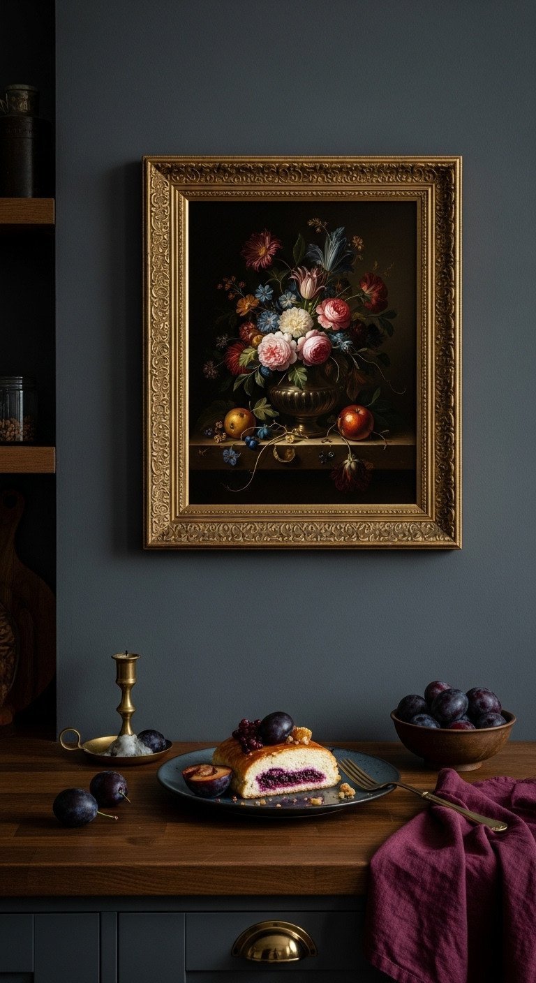 Dark moody still life oil painting in a gold frame on a charcoal kitchen wall over a wood counter with plums and a candle.