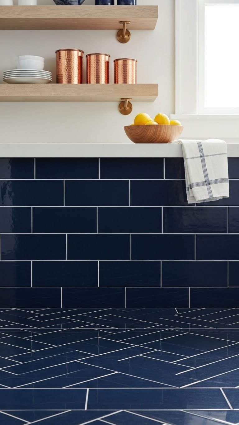 Moody Kitchen Flooring: 11 Essential Ideas To Transform Your Home 19 Dark navy blue porcelain tiles, glossy, in elegant kitchen. White shelves, copper canisters, lemons, soft natural light.