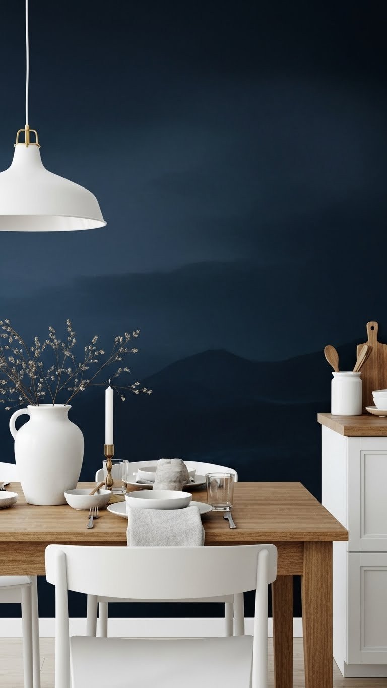 7 Moody Kitchen Wallpaper Ideas To Create Dramatic Style 6 Dark navy wall mural with subtle clouds in kitchen dining. Wood table, minimalist furniture, white stoneware. Serene design.