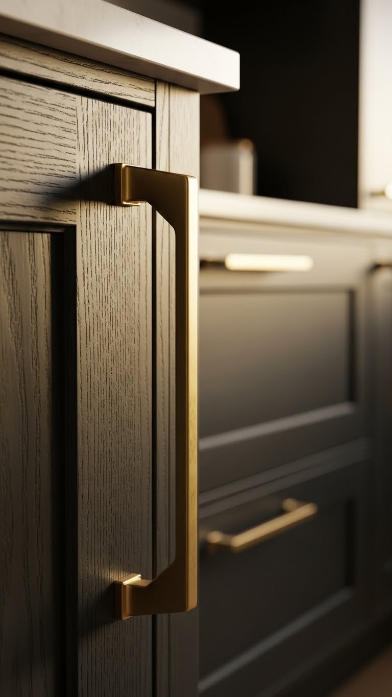 Dark oak cabinet door with elegant gold pull hardware, showcasing rich wood grain. Warm golden hour light, luxury kitchen detail.