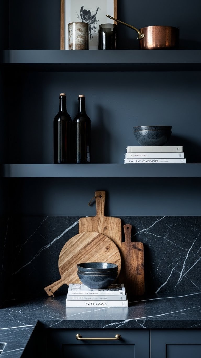 Moody Kitchen Open Shelving: 9 Genius Styling Ideas 14 Dark open shelves styled with bottles, cutting board, cookbooks and bowls, demonstrating sophisticated kitchen organization.