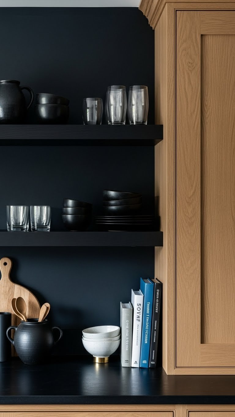 Dark open shelving, curated pottery, traditional oak kitchen cabinets, charcoal wall. Elegant kitchen storage design.