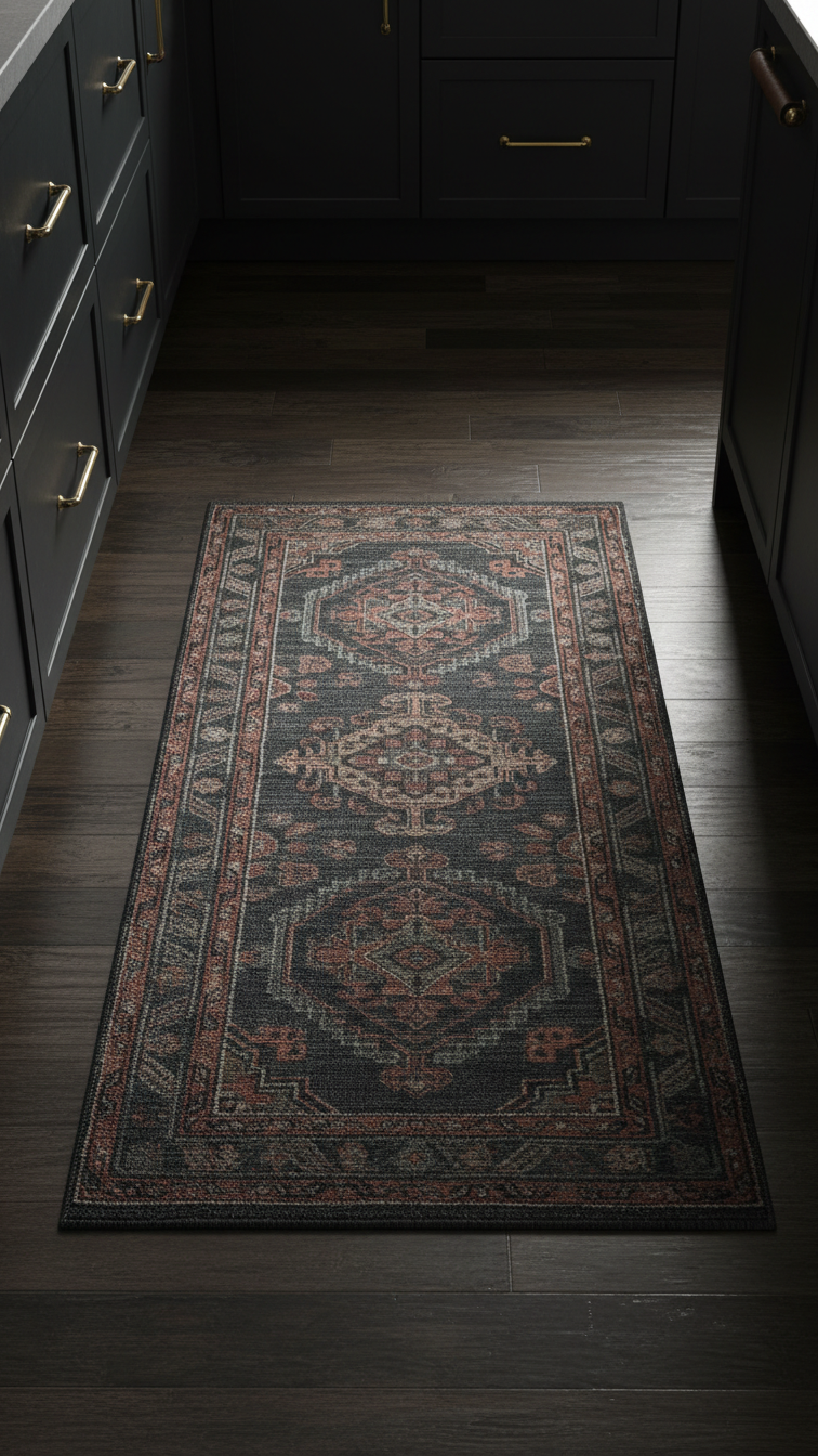 Dark patterned runner rug on engineered wood flooring, with inky black cabinets and brass hardware in a kitchen.