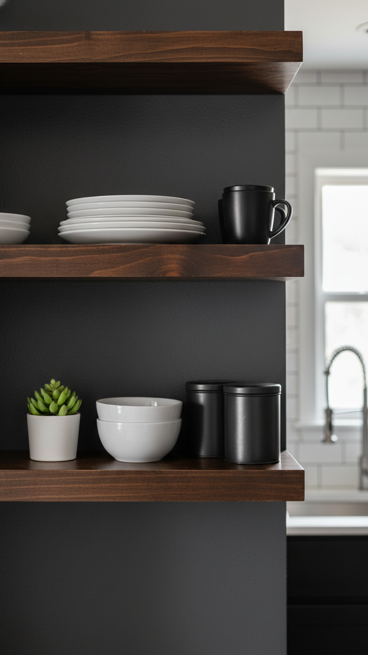Dark stained wooden floating shelves on gray wall, styled with white ceramic dishes, black mugs, and green plant.