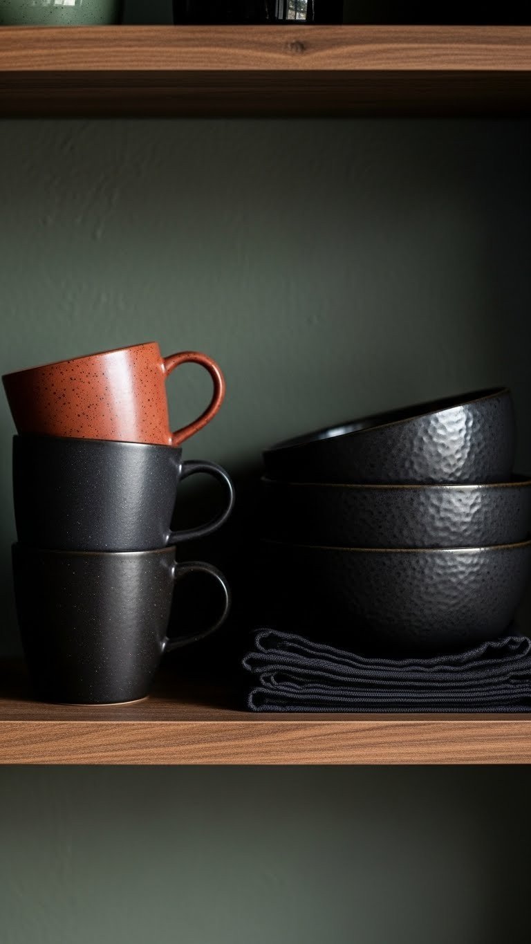 Moody Kitchen Open Shelving: 9 Genius Styling Ideas 5 Dark stoneware mugs and matte black serving bowls on a dark open shelf, minimalist kitchen decor with varied textures in natural light.