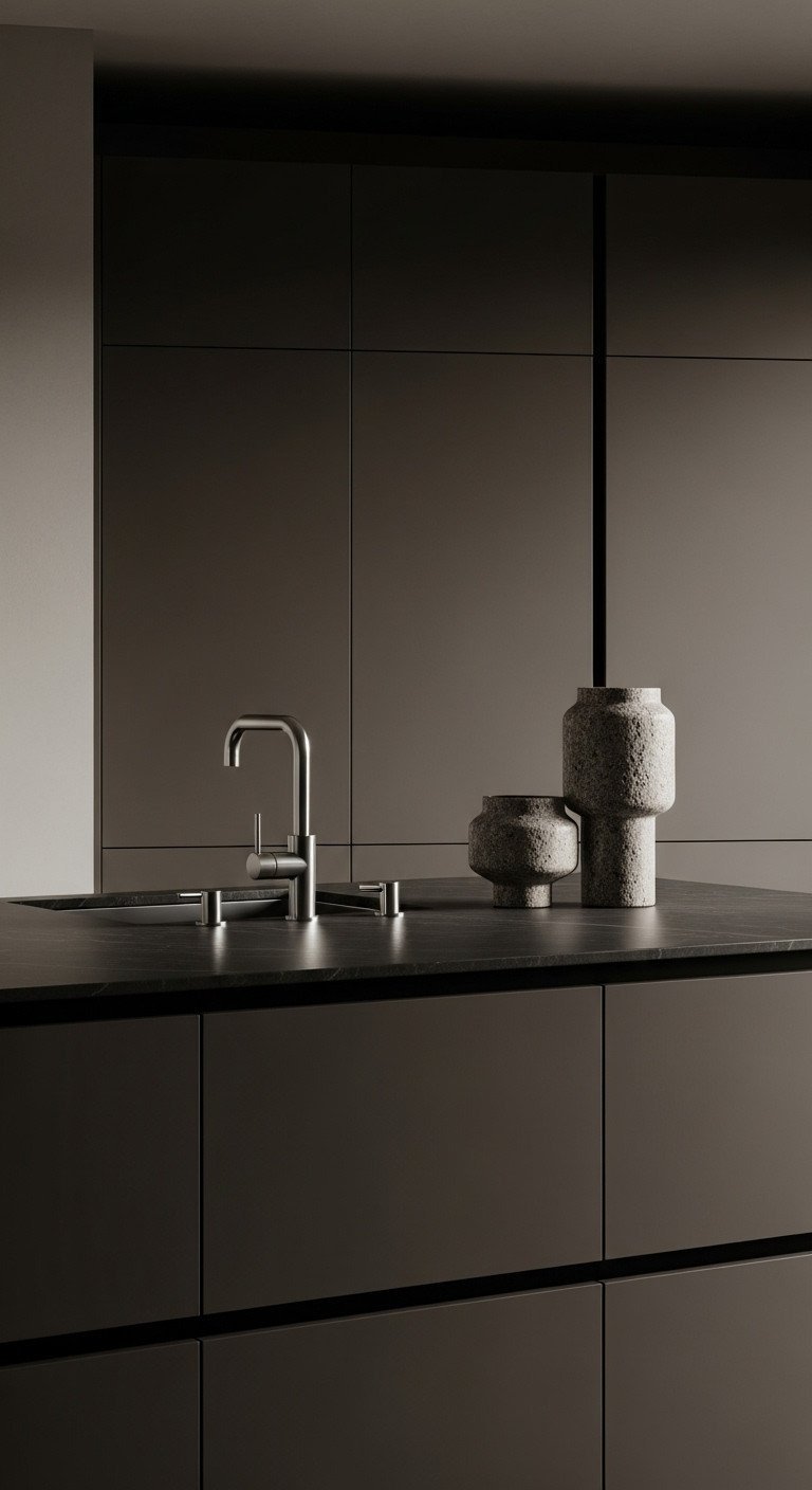 Dark taupe handleless flat-panel kitchen cabinets, floor-to-ceiling, with dark countertop and polished chrome faucet. Ultra-modern design.