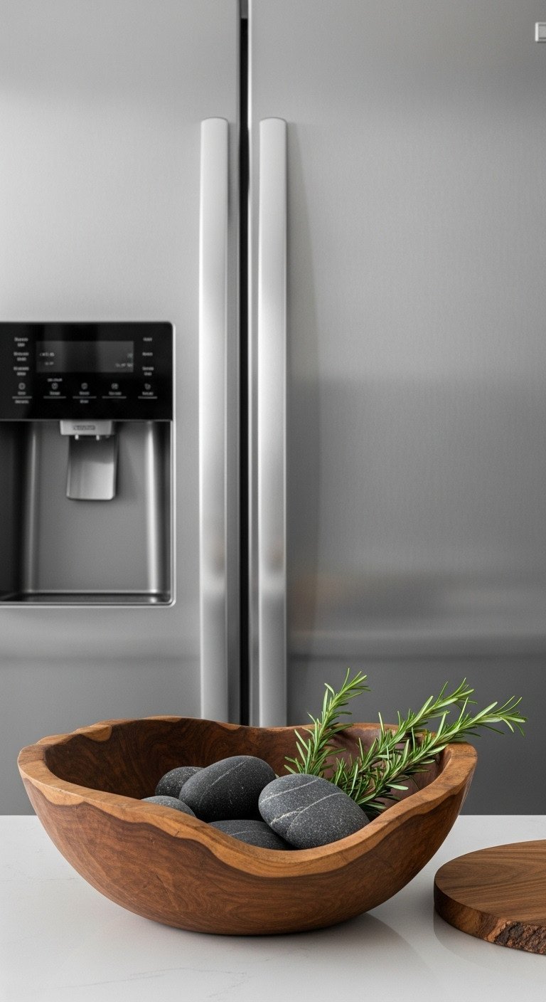Dark walnut bowl with river stones & rosemary contrasting a stainless steel refrigerator on a white counter. Modern kitchen decor.