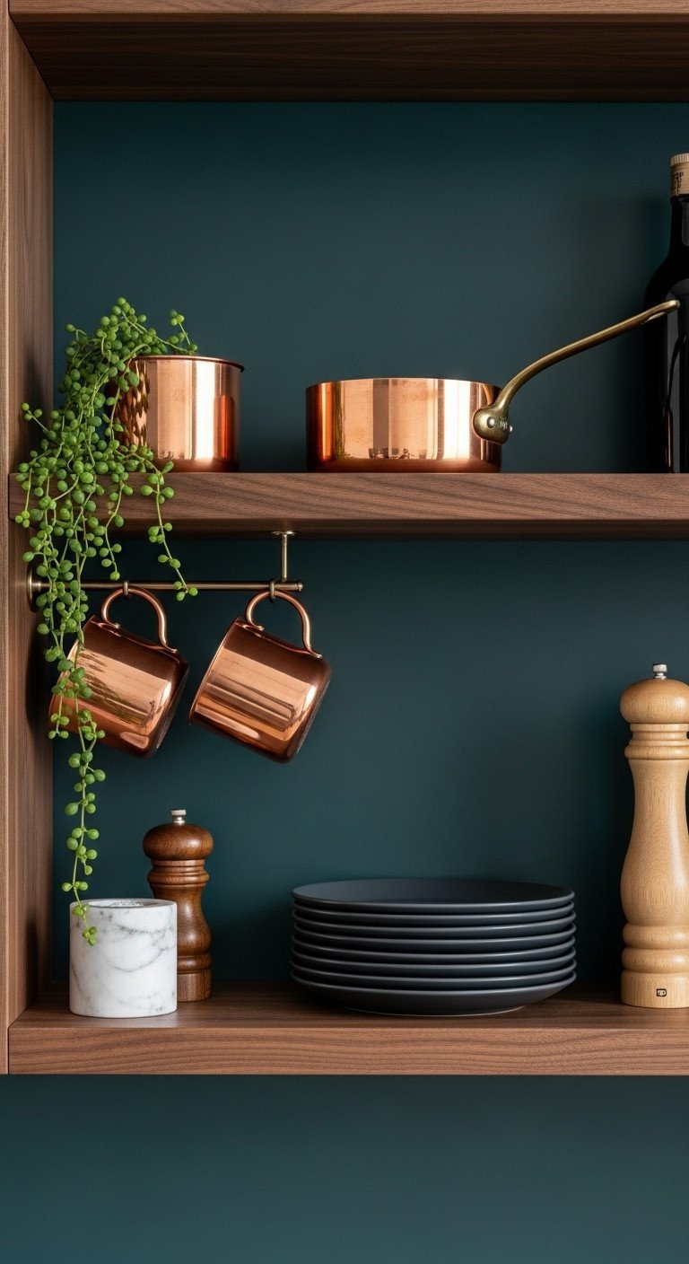 Dark walnut kitchen shelves with copper accents, featuring hanging mugs, a saucepan, and a trailing plant in a pot.
