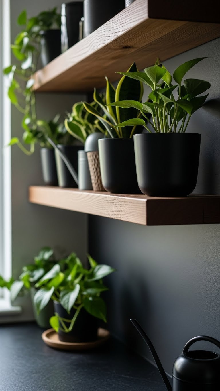 Moody Kitchen Open Shelving: 9 Genius Styling Ideas 11 Dark wood floating shelf with vibrant green houseplants in black pots, against a dark wall. Biophilic kitchen decor, natural light.