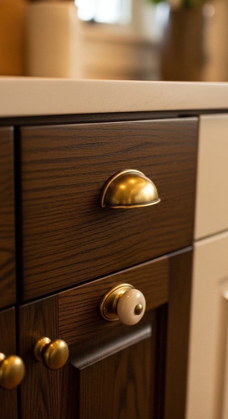 7 Genius Ways To Decorate Your Old Kitchen On A Budget 5 Dark wood kitchen cabinet drawer updated with a new simple brass cup pull and creamy porcelain knob. Elegant hardware detail.
