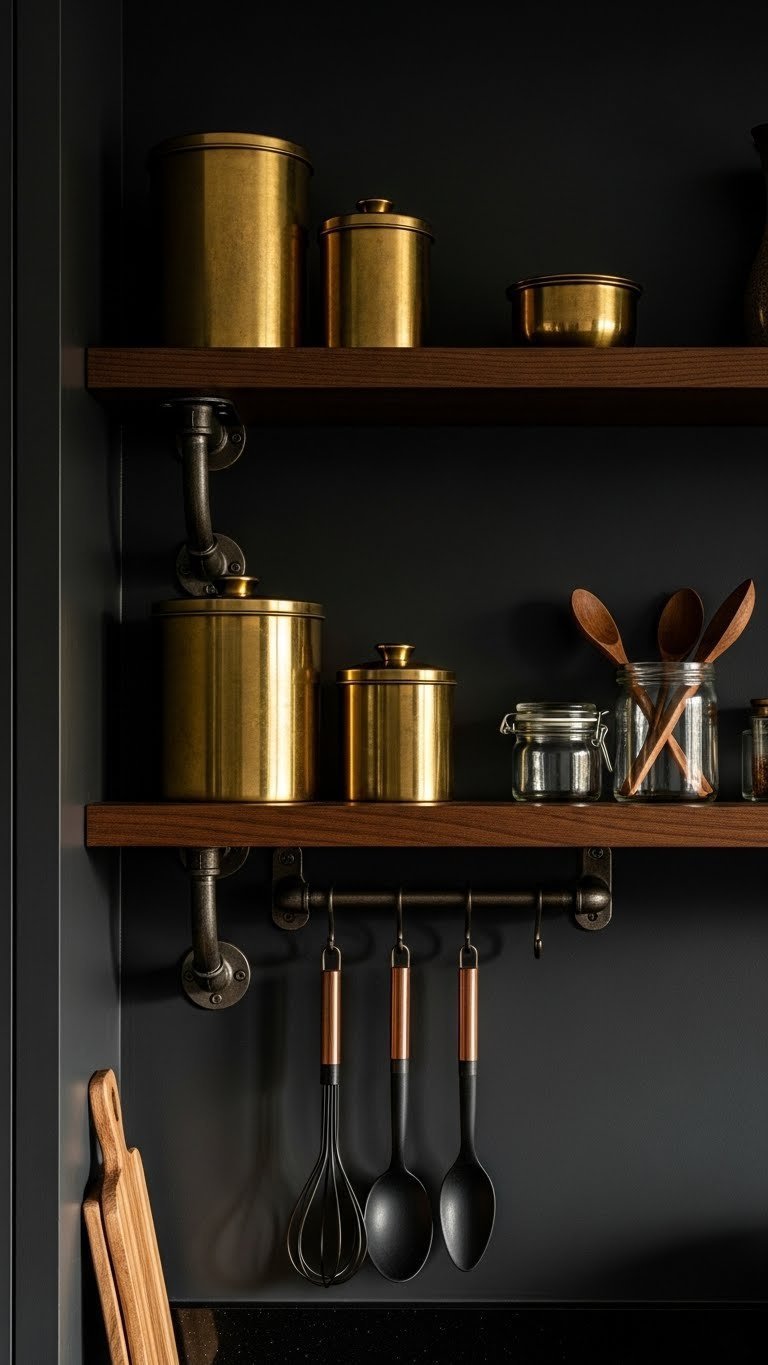 Dark wood open shelving, brass canisters, industrial metal accents, warm golden light. Modern kitchen design.
