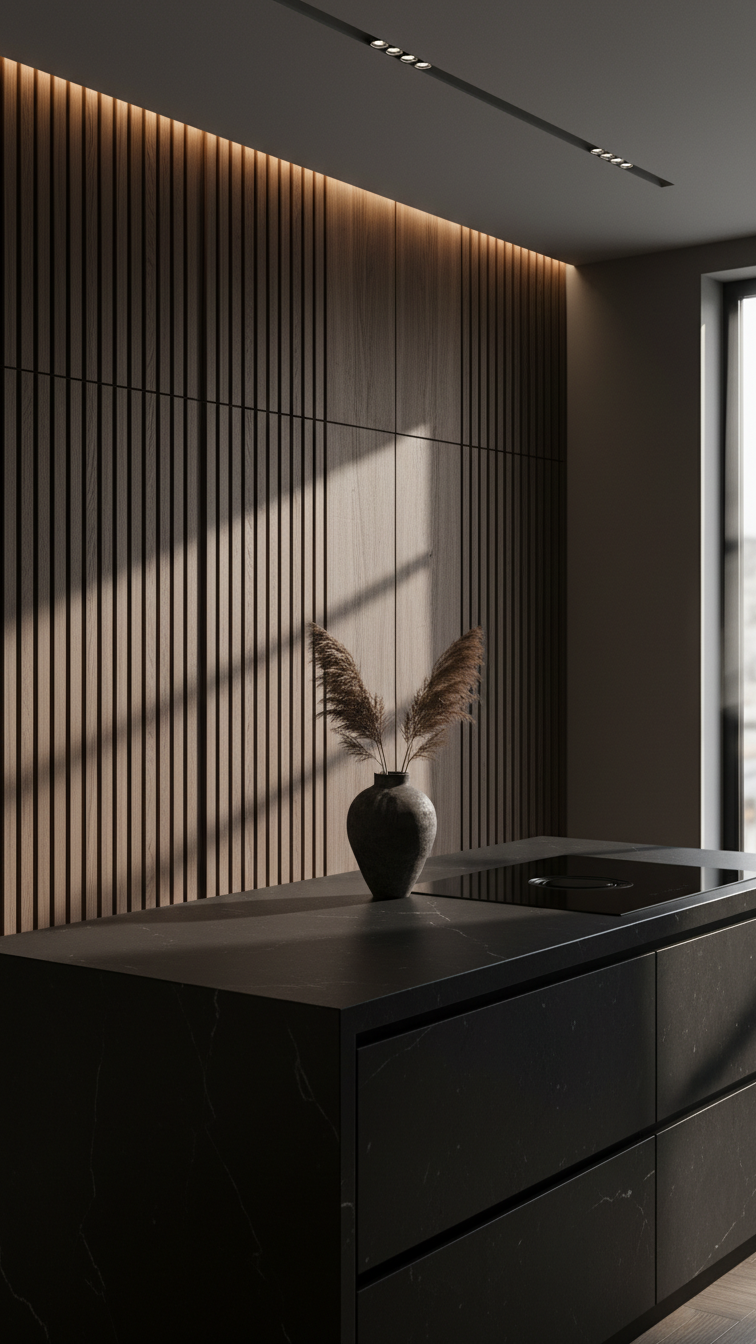 Dark wood slat panel accent wall creating shadow lines in a sophisticated Japandi kitchen workspace, walnut brown, modern design.