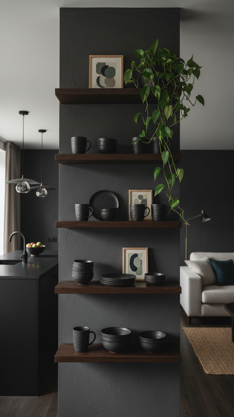 Dark wooden open shelving in a moody kitchen living room transition zone, displaying curated stoneware, layered art, trailing greenery.