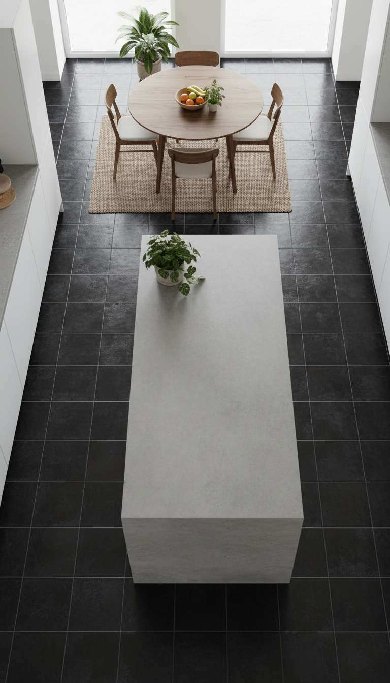 Dark zellige floor tiles (6x6) in a modern kitchen with sleek white cabinetry, concrete island, and elegant rug.