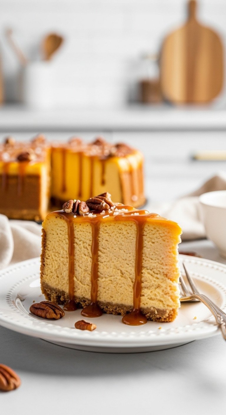Decadent No-Water Bath Pumpkin Cheesecake slice with creamy orange filling, graham cracker crust, salted caramel drizzle, and toasted pecans.