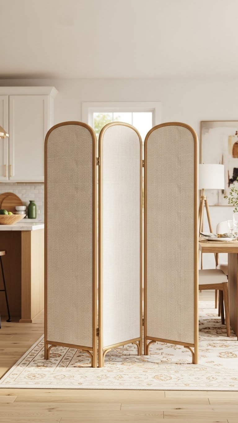 Decorative three-panel folding screen divider with woven rattan texture, segments an open-plan kitchen living.
