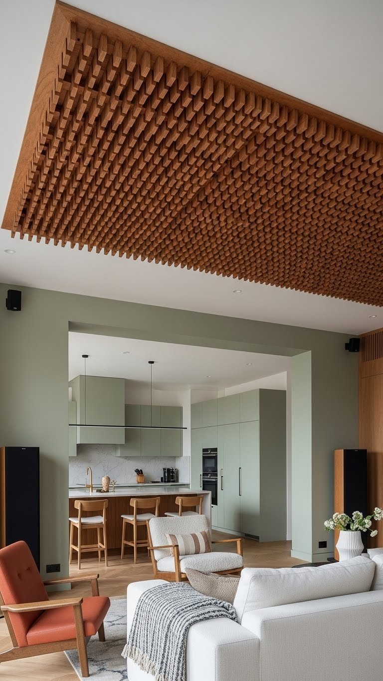 Decorative wood slat wall as an acoustic treatment in an open living room, combining sound dampening with modern design.
