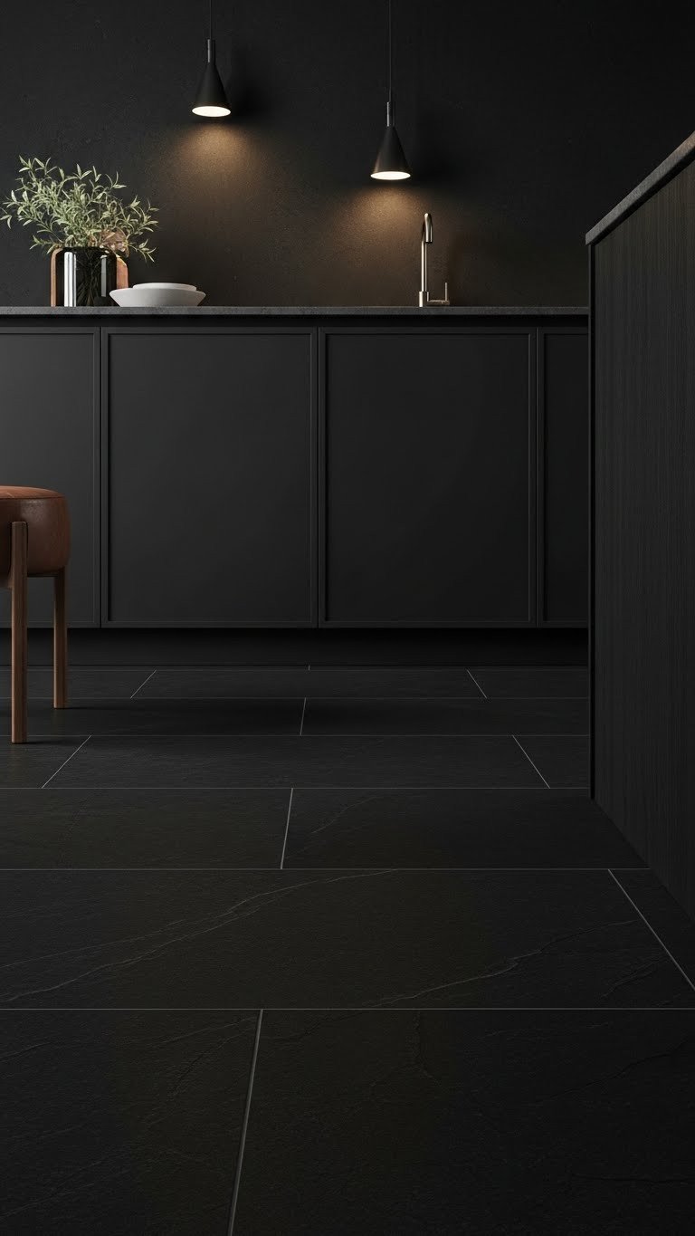 Moody Kitchen Flooring: 11 Essential Ideas To Transform Your Home 3 Deep black slate floor tiles, natural texture, in a minimalist moody kitchen. Dark cabinets, leather stool, dramatic lighting.