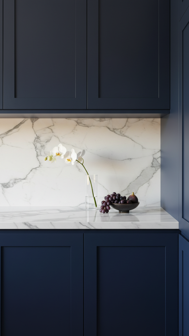 Deep blue kitchen cabinet base contrasting with a polished white marble backsplash and countertop, enhancing sophisticated design.