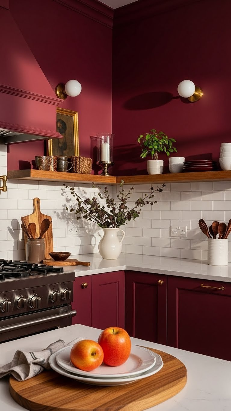Deep burgundy plum kitchen walls, warm moody colors, with white subway tile, rich wood open shelving, gold artwork.