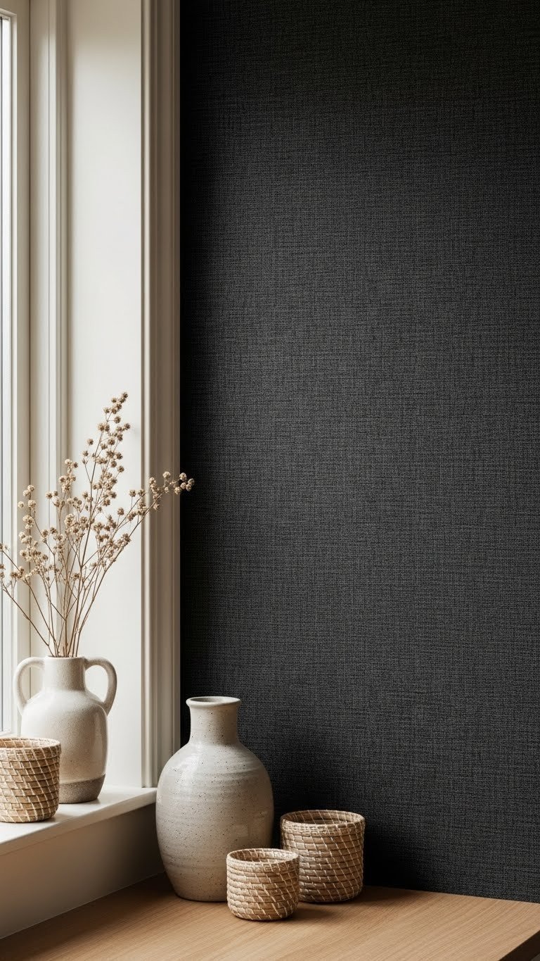 7 Moody Kitchen Wallpaper Ideas To Create Dramatic Style 8 Deep charcoal faux grasscloth wallpaper on kitchen wall, textured weave. Ceramic vase, natural fiber baskets near window. Luxurious.
