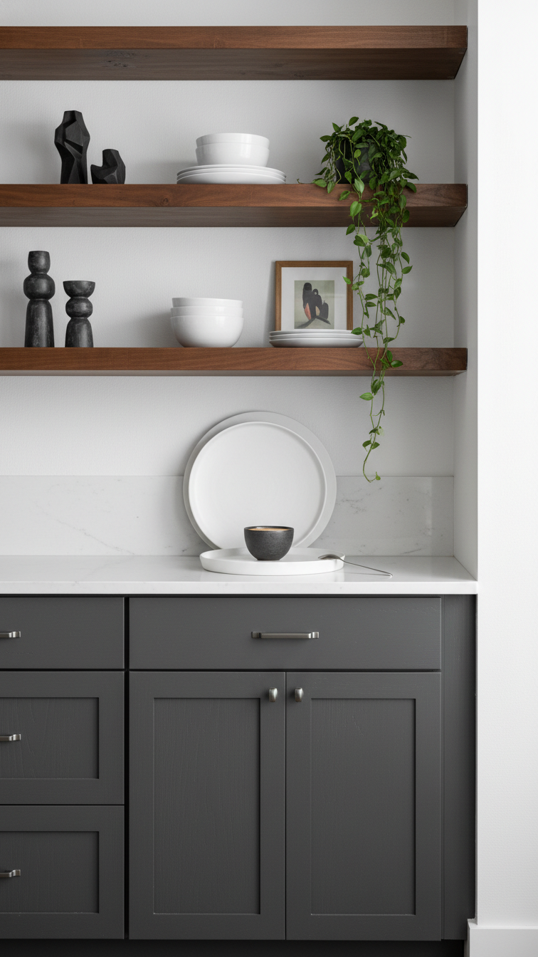 Moody Two Tone Kitchen Cabinets: 9 Essential Design Ideas 11 Deep charcoal gray shaker base cabinets, dark wood open shelving with minimalist white ceramics, creating an open, cozy kitchen design.