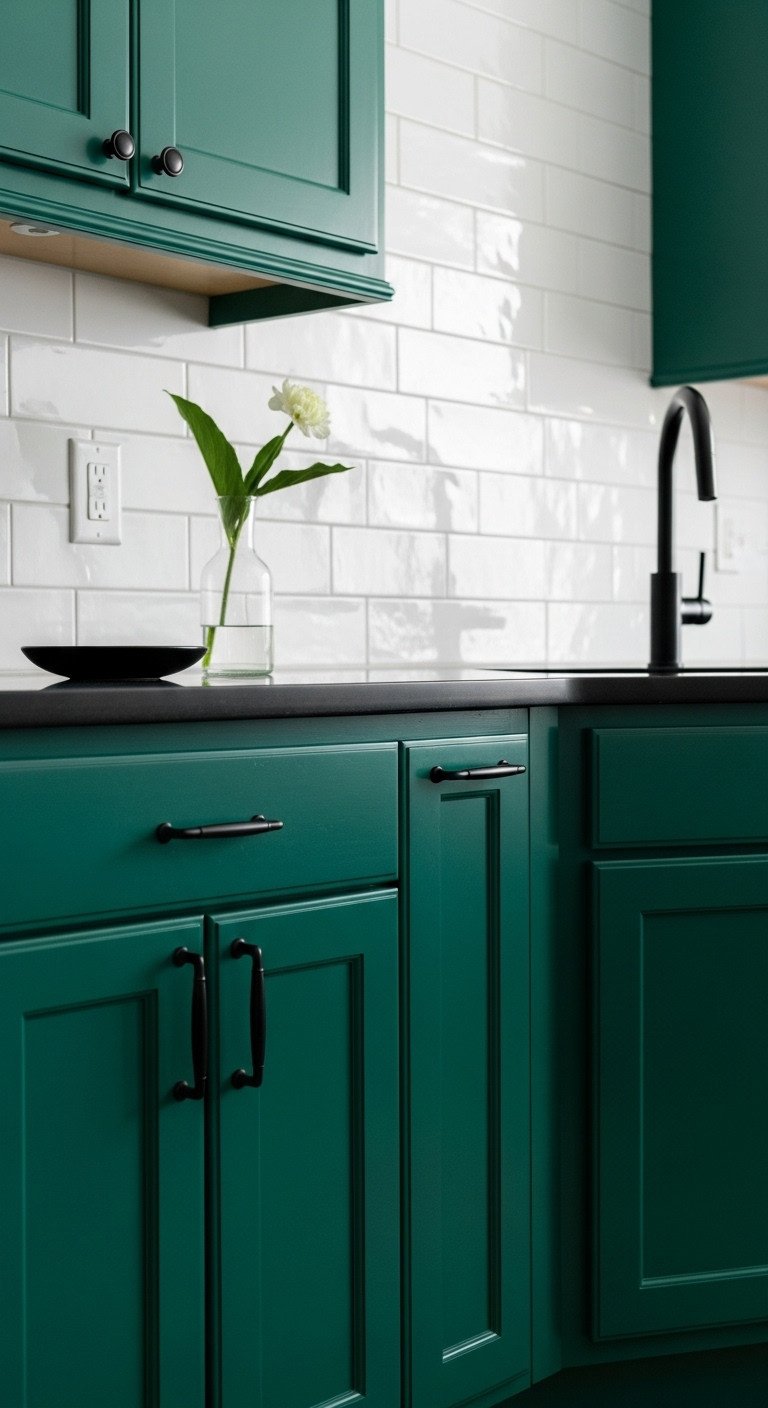 Deep emerald green kitchen cabinets, matte black hardware, black quartz counter, white tile, sleek modern black faucet.