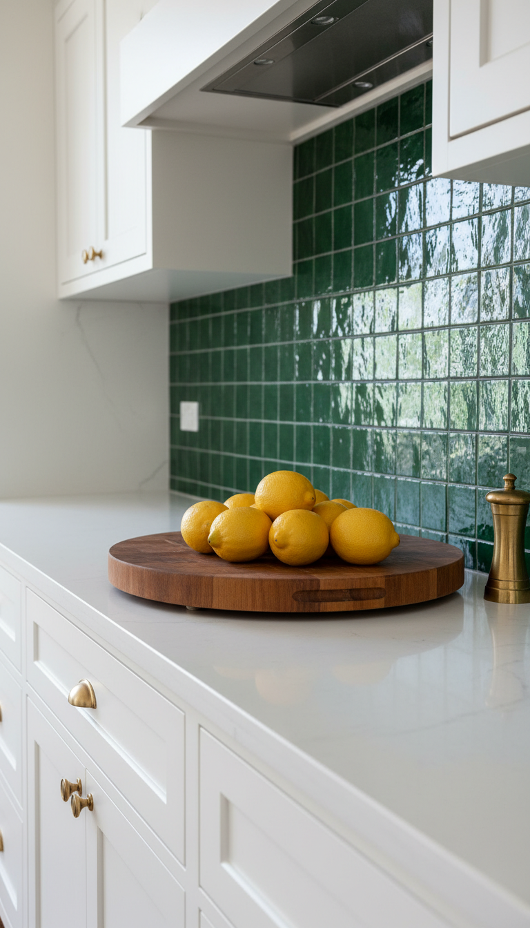 Deep emerald green zellige tile backsplash (4x4) with creamy white cabinets, white countertop, lemons, and wood board.