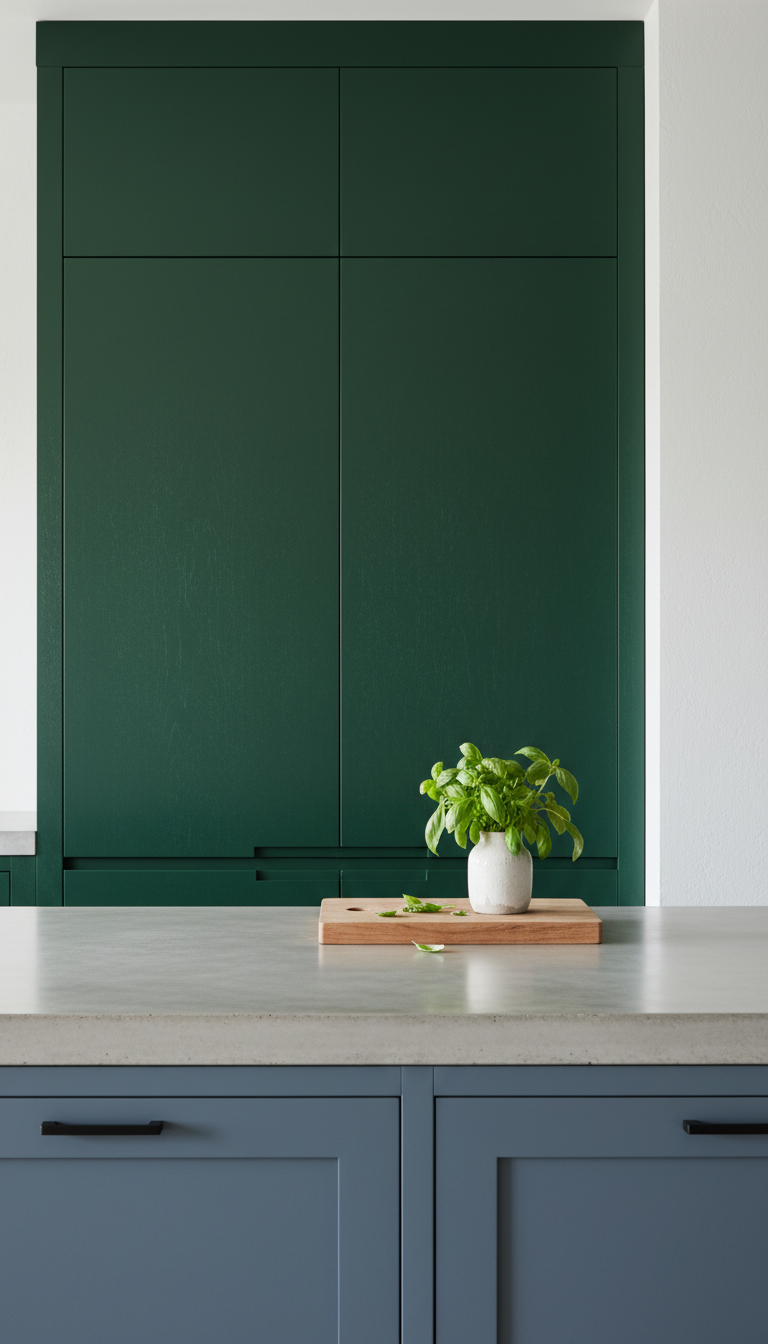 Deep forest green cabinets, muted blue island, light concrete countertop. Modern kitchen with fresh herbs, ceramic vase.