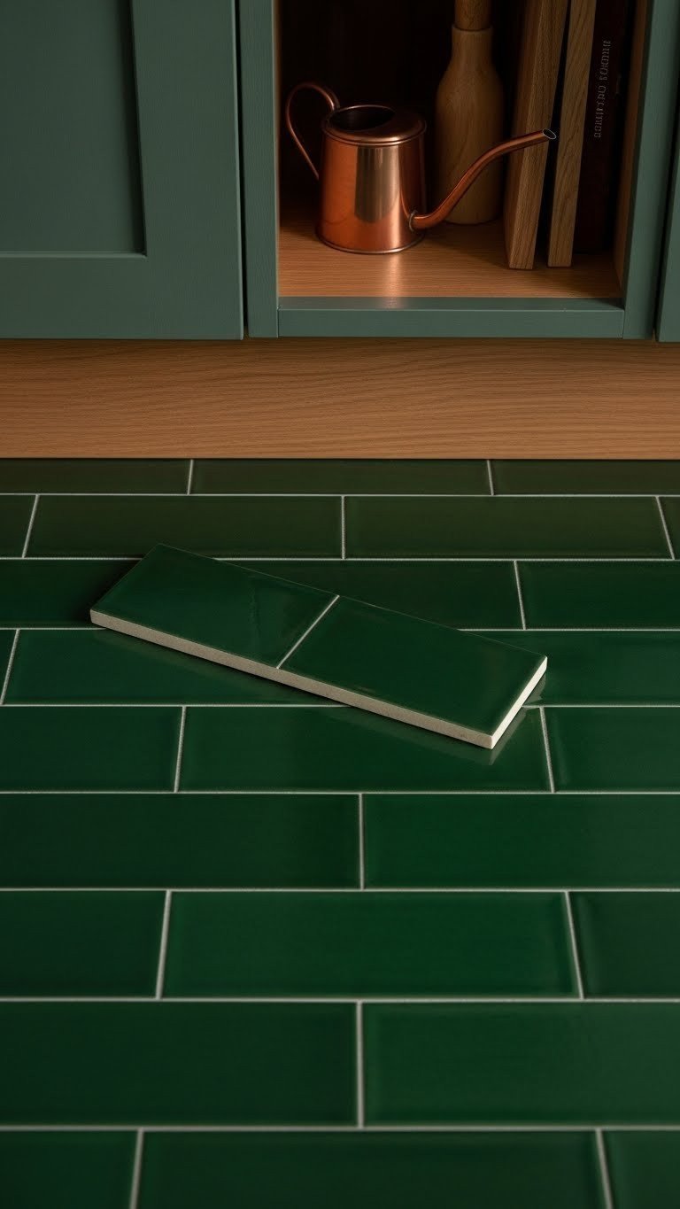 Moody Kitchen Flooring: 11 Essential Ideas To Transform Your Home 4 Deep forest green ceramic tiles, glossy, in a cozy moody kitchen. Soft natural light, copper watering can, wooden accents.