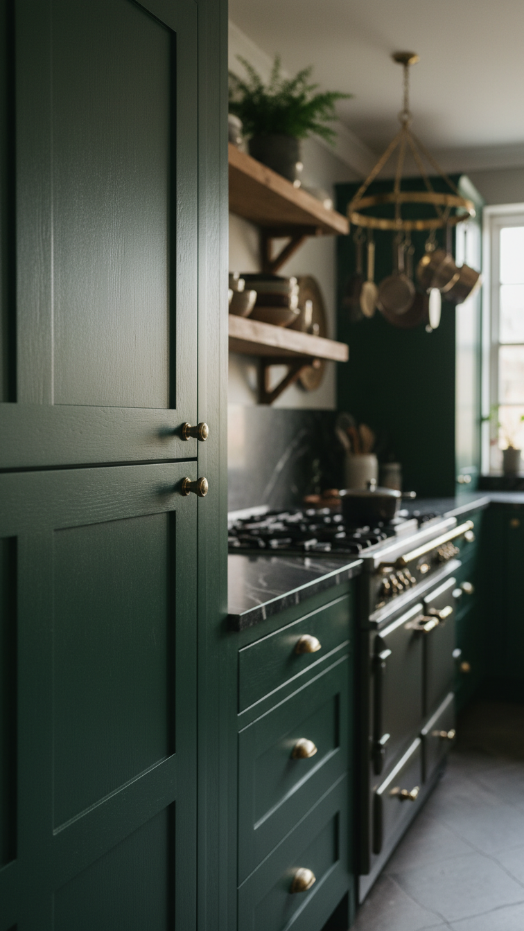 Boho Moody Kitchen: Ultimate Guide &Amp; Stunning Design Ideas 1 Deep forest green matte Shaker kitchen cabinets with brass finger pulls and wood accent, naturally lit, evoking a cozy bohemian dark kitchen design.