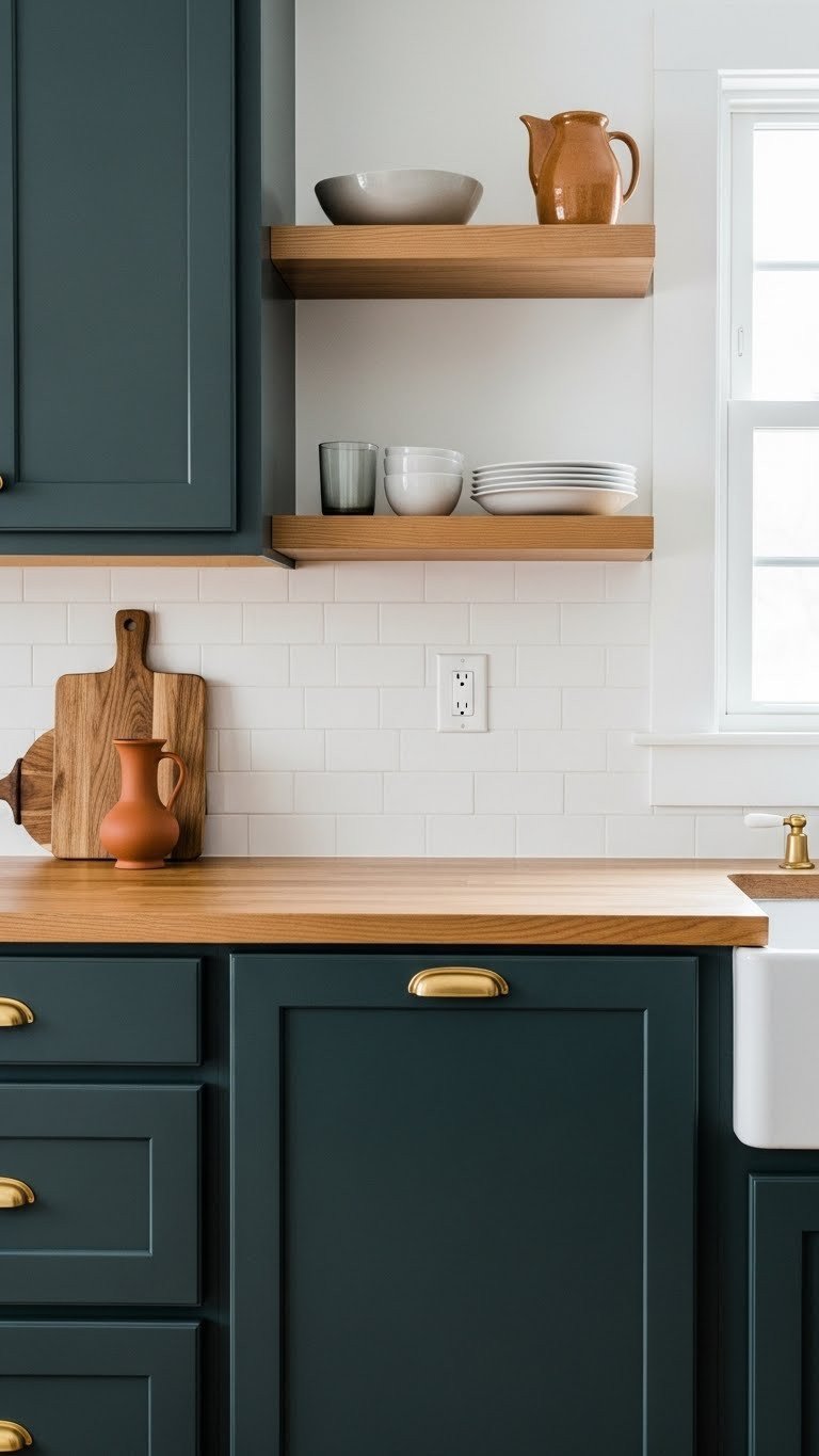 Deep forest green oak kitchen cabinets, warm oak open shelf, elegant gold hardware, terracotta vase. Modern kitchen design.