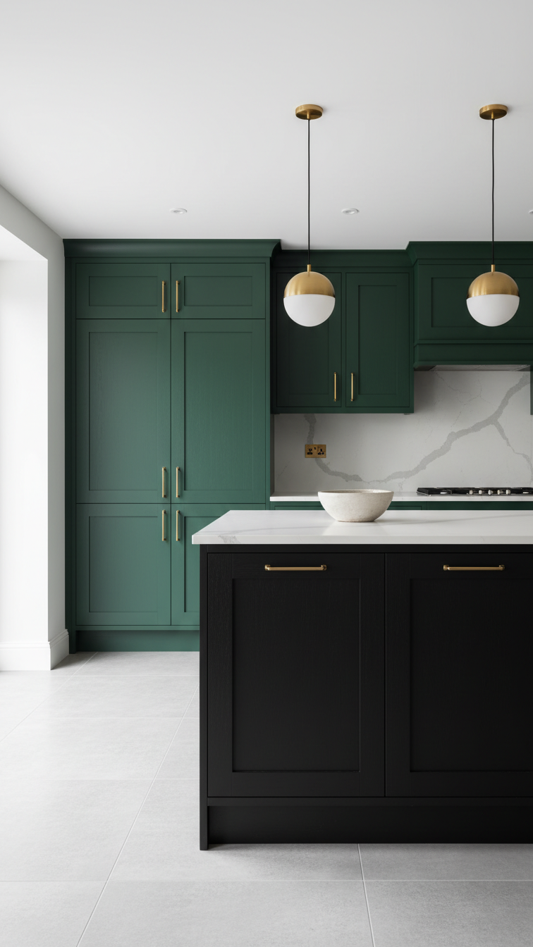 Moody Two Tone Kitchen Cabinets: 9 Essential Design Ideas 5 Deep forest green perimeter cabinets, matte black kitchen island, white quartz countertop, and gold pendant lights create a dramatic two-tone kitchen.
